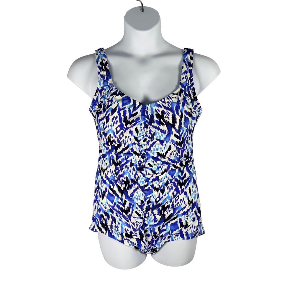 Maxine of Hollywood Blue Abstract Ikat One‎ Piece Swimsuit 16 Ruched Front Retro